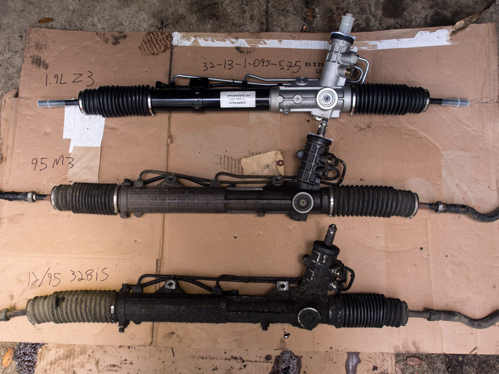 Three E36 steering racks compared. 1.9L Z3, 1995 M3, and OBD2 M3.