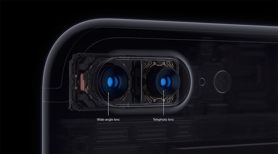 Rendered cutaway of the iPhone 7 Plus upper rear showing both camera modules.