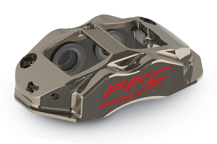 Marketing render of the Performance Friction (PFC) ZR94 caliper, in a nickel/gold finish.